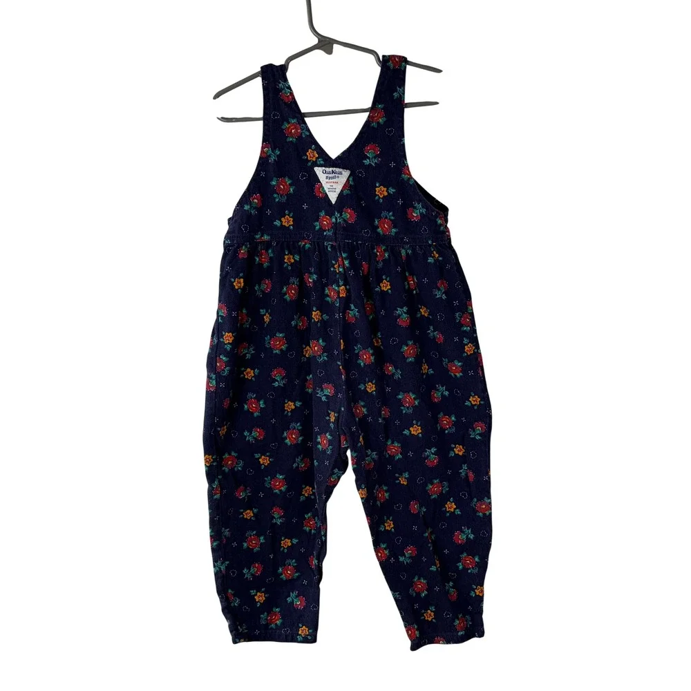 Vintage OshKosh Bgosh Girls Navy Floral Corduroy Overalls Vestbak Made in USA 3T
